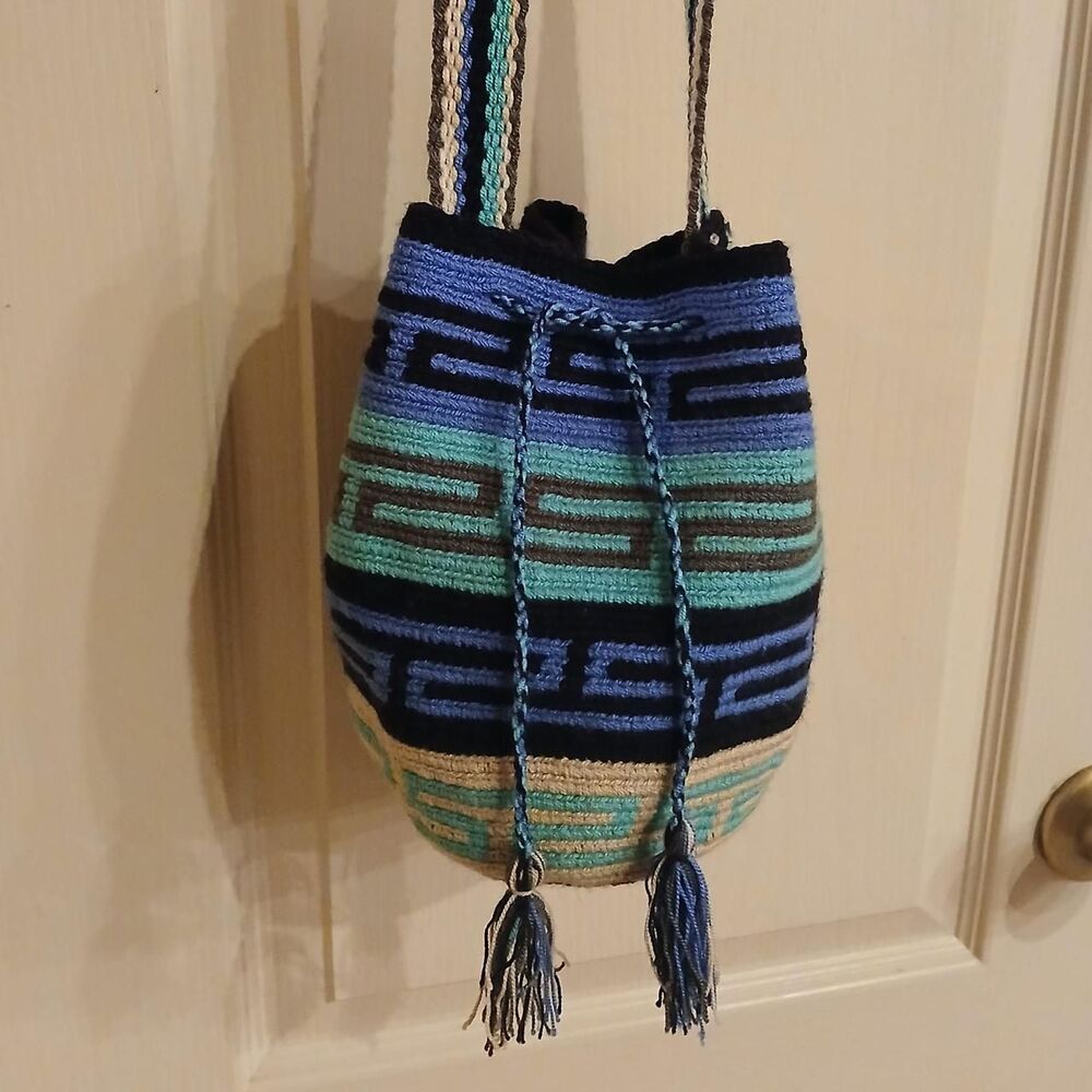 Blue multicolor Wayuu bucket bag with tassels boho hippie tribal